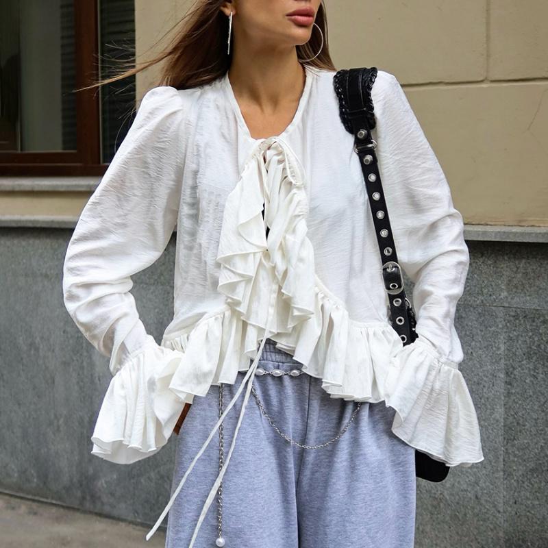 Solid Lace Up Design Shirts For Women V Neck Long Sleeve Patchwork Irregular Ruffled Short Blouse Female Fashion