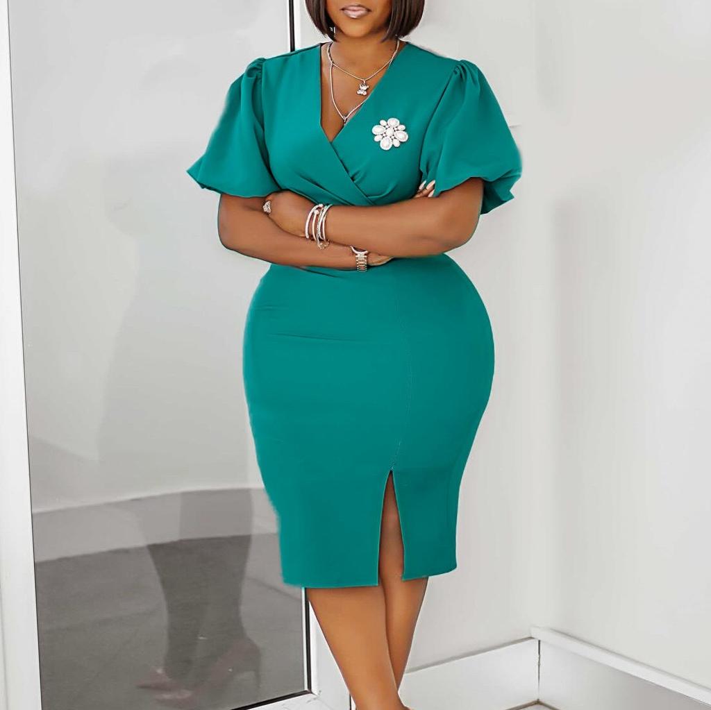 Office Ladie Bodycon Dresses V Neck Short Sleeve Solid Package Hips Mid Calf Professional Business Work Robe Dress