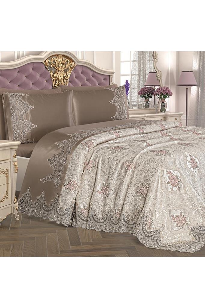 Eylul Wedding Set 6pcs, Bedspread 230x250, Sheet 200x230, Pillowcase 50x70, Laced, Embroidered, Cappucino