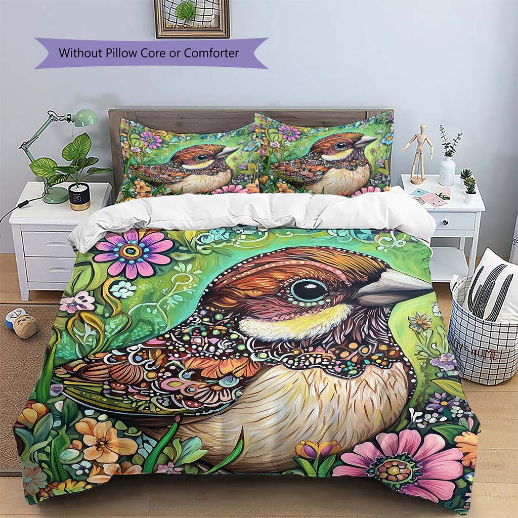 Colorful Flower Bird Pattern Bedding Quilt Set  Home Decoration  Gift (1 * duvet cover + 2 * pillowcase  without core)