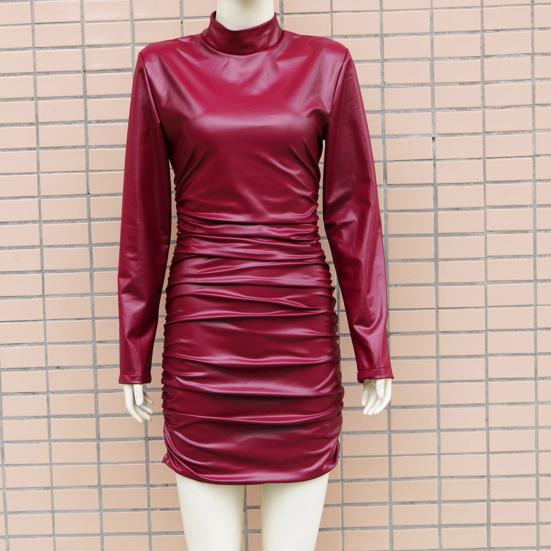 Minikleid Slim Fit All Matched Kunstleder Sexy Stehkragen Partykleid