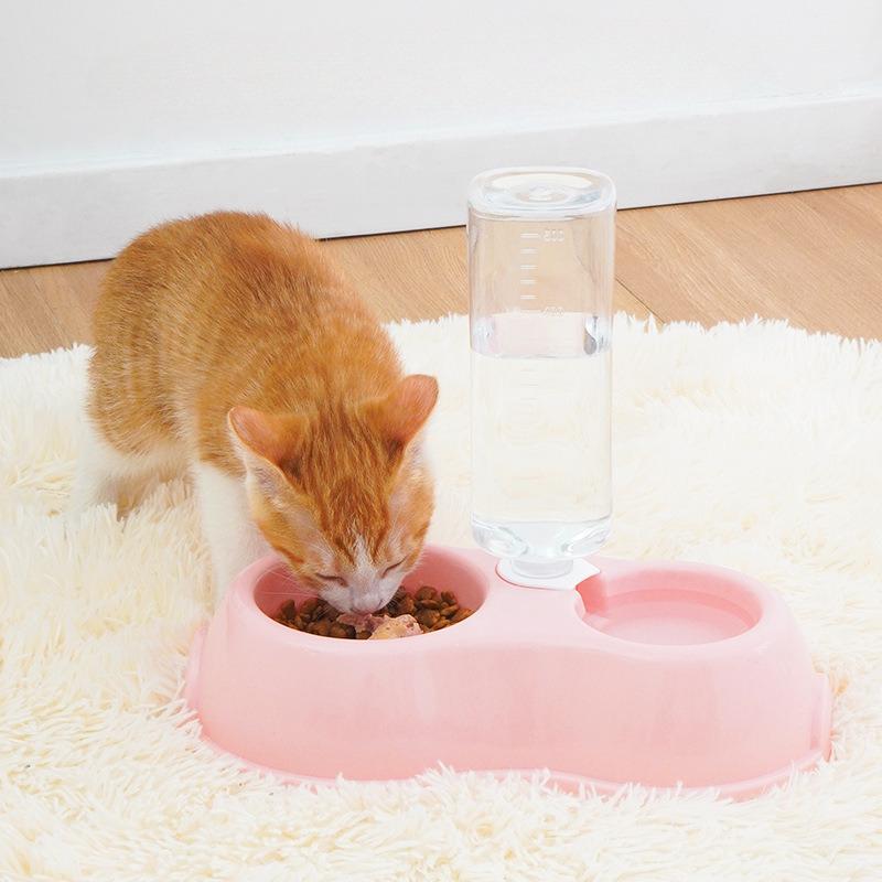 Automatic Pet Water Bottle With Dual Bowl Design Portable Dog Cat Feeding Dispenser With Measuring Cup KTY