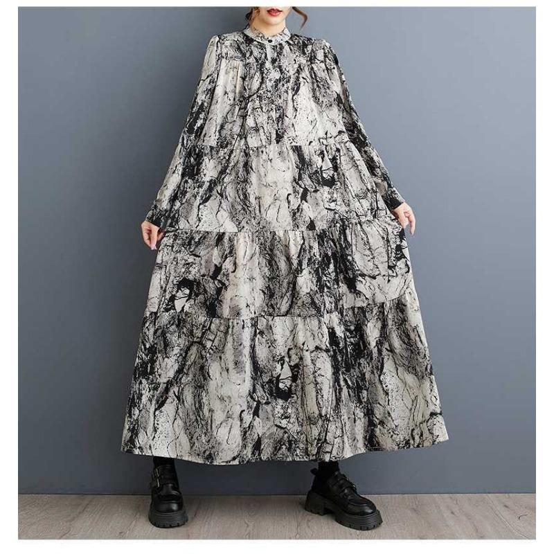 2025 Round Neck Long Sleeve Loose Skirt Women's Big Size Middle Aged Mom Dress