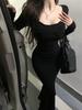 Gray long-sleeved square-neck knitted dress women's autumn pure desire spice skirt sexy waist-wrapped hips fishtail dress