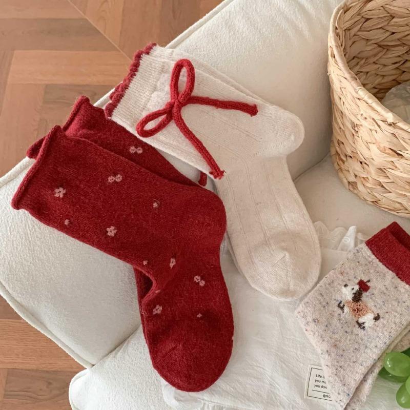 Female Autumn Winter Fashion New Year Christmas Bow Red Wool In Tube Socks