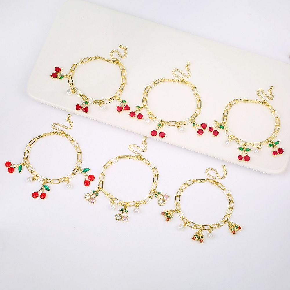 Fruit Cherry Charm Bracelet Gold Plated Metal Bracelet New Design Cherry Pearl Bracelet  Party