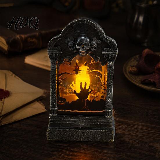 Pumpkin Bag Fillers Tombstone Candle Lantern LED Lighted Spooky Graveyard Table Lamp Halloween Tabletop Decor Small Night Light for Haunted