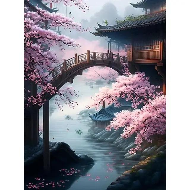 5D Diy Diamond Embroidery Sakura Bridge and Palace Diamond Painting Needleworks Cross Stitch Needleworks Home Decor J3479