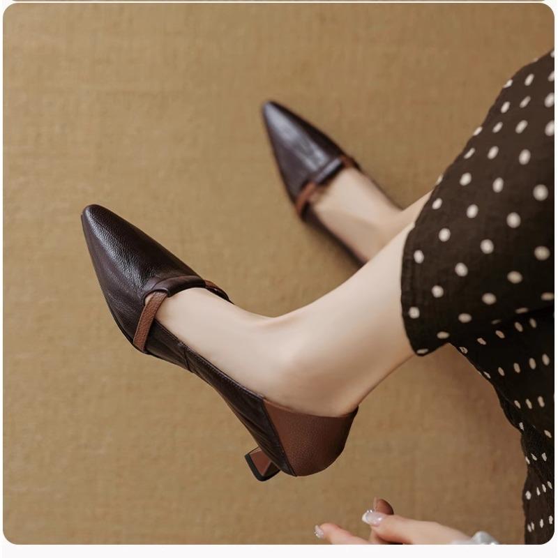 New commuter temperament pointed head color matching one-pedal single shoes women's light mouth retro cat heel high heels