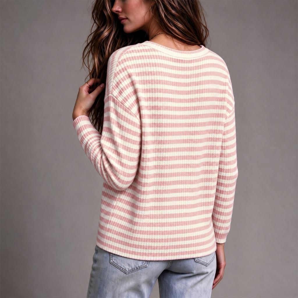 Women's Vintage Striped V Neck Long Sleeve Sweater Casual Fall Winter Pullover Top