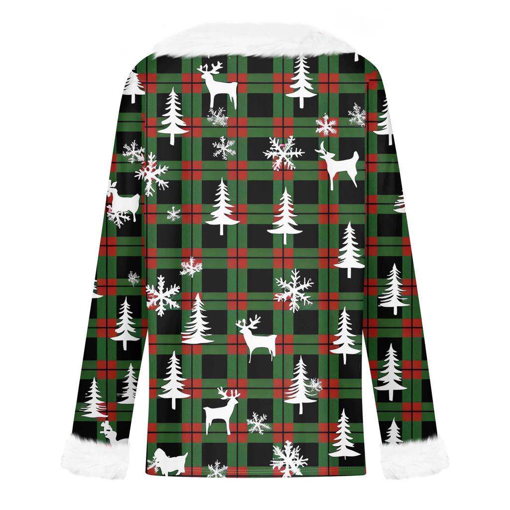 Damski Modny Casualowy Top z Dekoltem V i Świątecznym Nadrukiem z Długim Rękawem