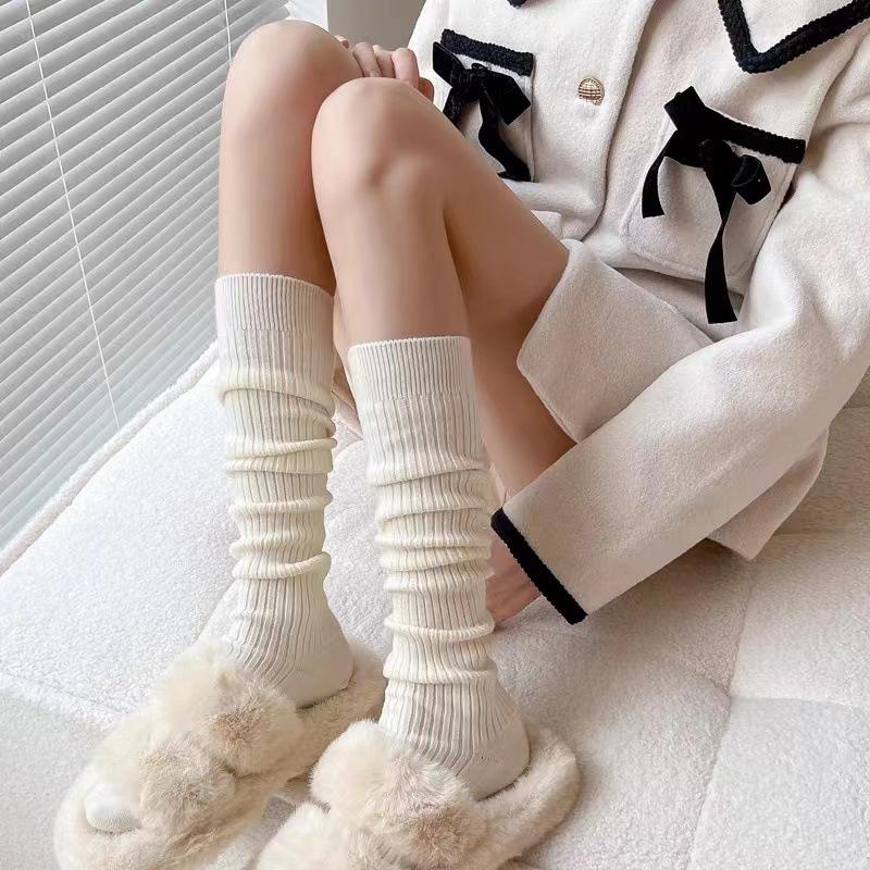 1Pair Autumn Winter Women Stockings Cotton Knitted Solid Color Calf Socks Warm Thigh High Stockings Ladies Girls Solid Knee Socks