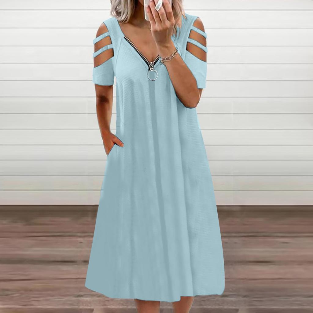 Women's Casual Fashion Solid Color Hollow Short Sleeve Zipper V-Neck Dress