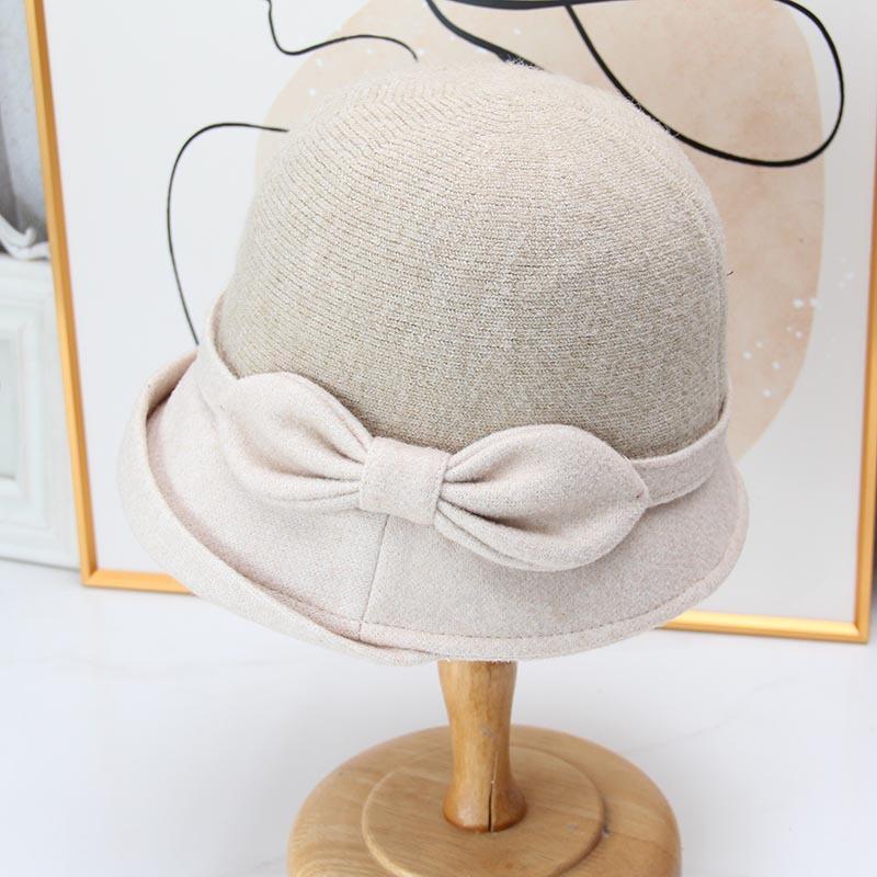 French bow knitted bucket hat women's autumn and winter retro basin hat short-brimmed top hat elegant and versatile small hat