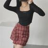 Crop top da donna con scollo quadrato, design a lisca di pesce, strisce piccanti, maniche lunghe