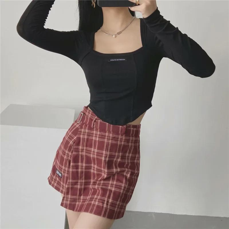 Crop top da donna con scollo quadrato, design a lisca di pesce, strisce piccanti, maniche lunghe