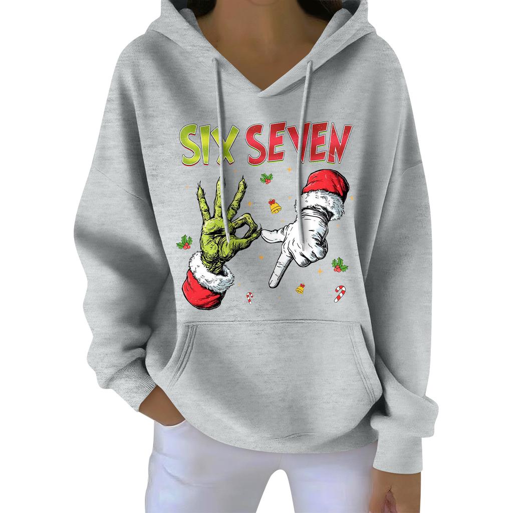 Damenmode Damen Leichter Langarmpullover mit Taschen Preppy Graphic Hoodie