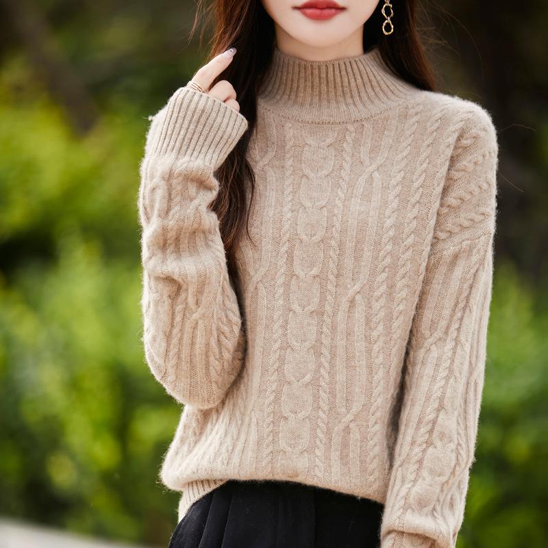 Autumn 100% Pure Wool Cable Knit Half-High Neck Sweater - Solid Color, Loose Fit