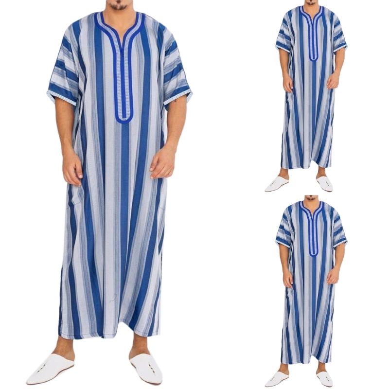Men Middle East Jubba Thobe Saudi Arabic Striped Robe Islamic Muslim Clothing