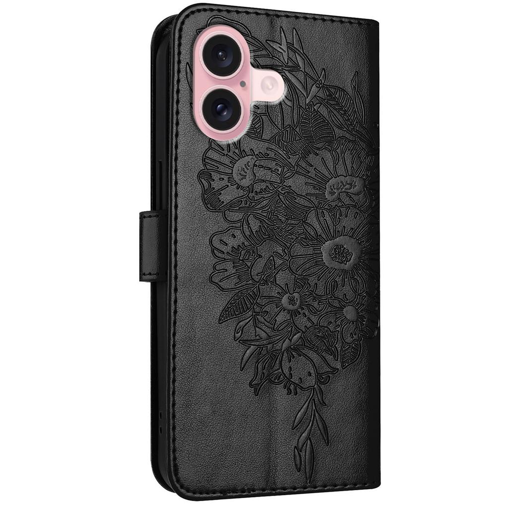 Für iPhone 16 Brieftasche Hülle mit Handschlaufe Schmetterlingsprägung Leder Handyhülle