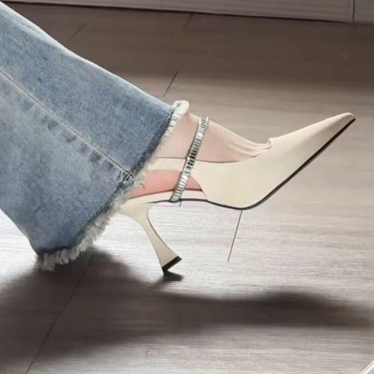 French back strap black pointed high heels 2025 spring and summer super fairy style single shoes sandals female black