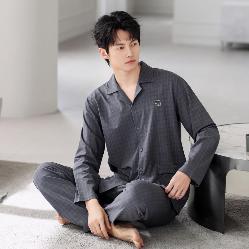Pajamas Men'S Spring And Autumn Pure Cotton Long-Sleeved Autumn Plaid High-End Sense Can Be Worn Outside Qingzhong Spring Loungewear Suit