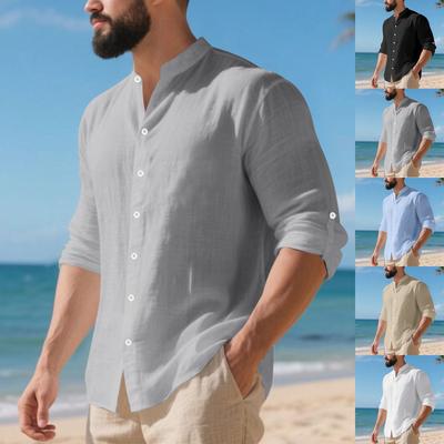 Men's Linen Button-down Shirt, Beach Shirt, Long-sleeved Plain-colored Stand-up Collar, Spring Casual Everyday Wear