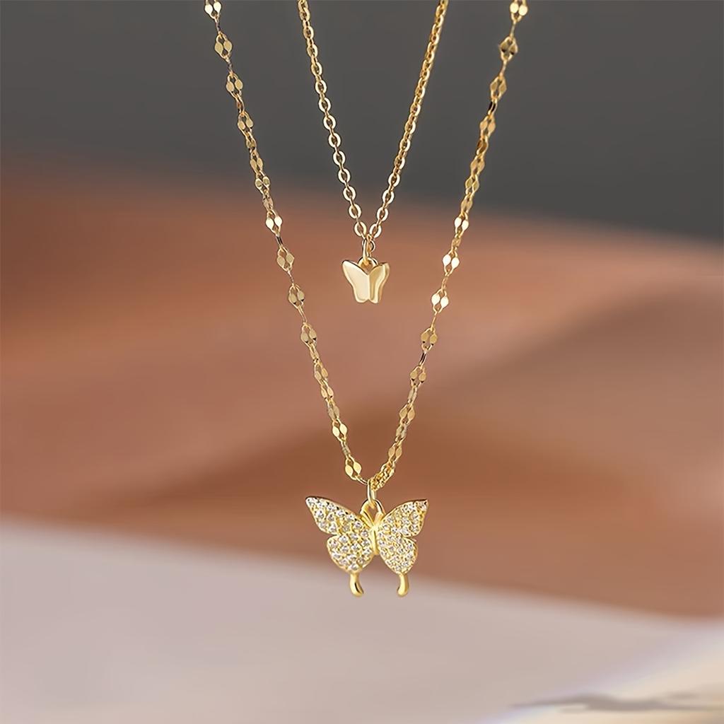 1 Double Layer Butterfly Necklace Alloy Pendant Collarbone Chain Perfect Gift for Girlfriend, Women's Unique Lightweight Versatile Fashion Design Suit