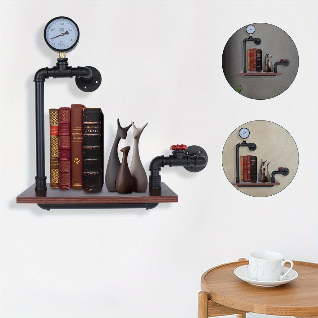 Industrielles Wandregal – Schwebendes Regal aus Massivholz & Stahlrohr mit Wasserzähler & Ventil – Retro-Dekor – 40 x 20 x 57 cm