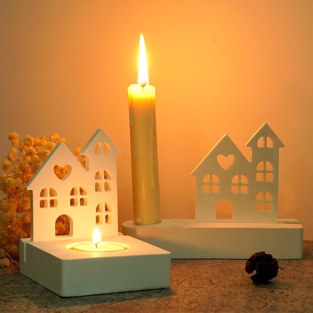 DIY Heart House Candlestick Silicone Mold Window Houses Tea Light Candle Holder Craft Gift Making Resin Gypsum Molds Home Decor
