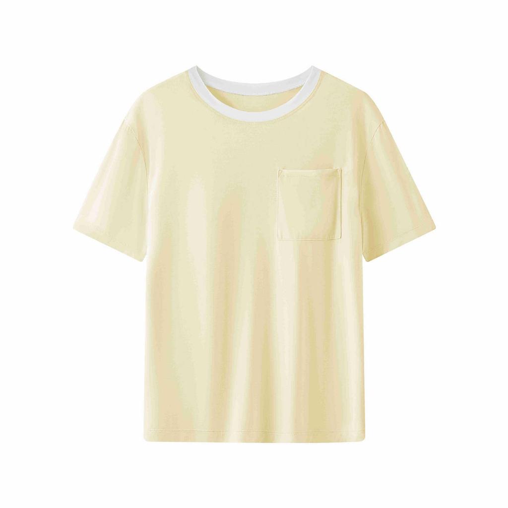 Ice Cloud Cool Feel Color-Blocked Round Neck Short Sleeve Pocket Pajamas with Cups