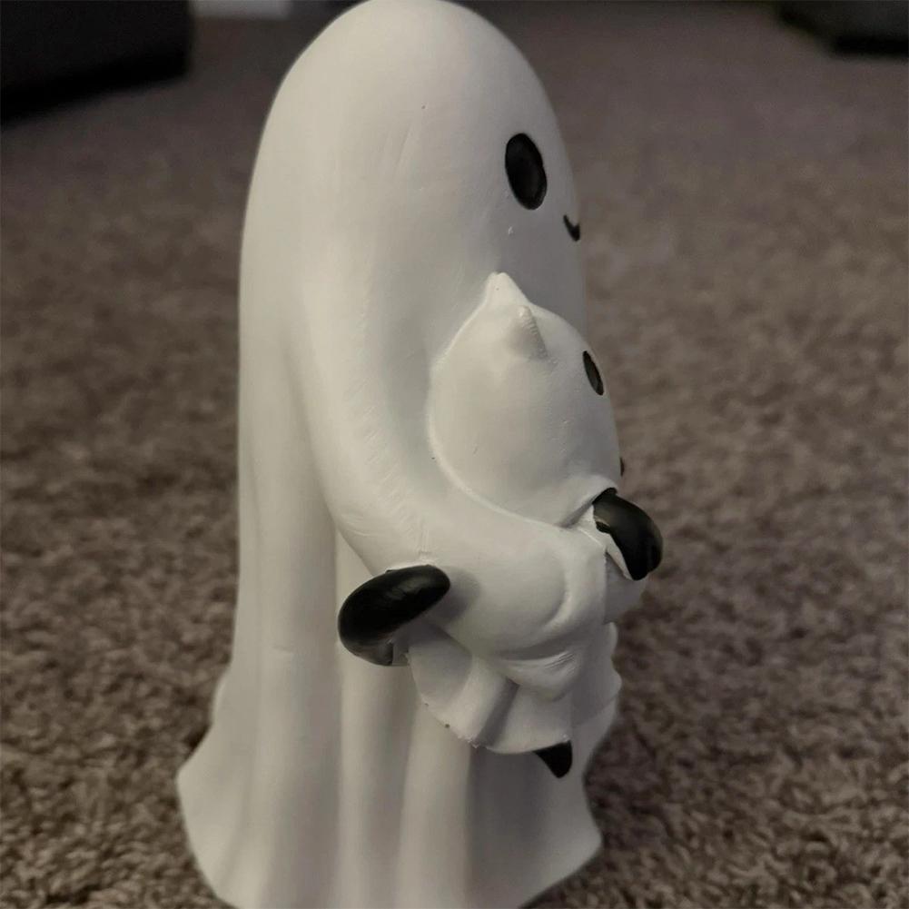 Halloween Ghost Holding Cat Statue with Pumpkin Spooky Ghost Resin Figurine for Party Home Shelf Table Centerpiece
