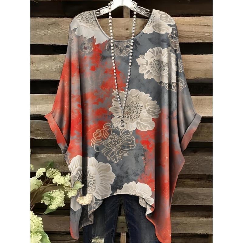 Women's T-Shirt Fashion Floral Printing Short Sleeve Tops Summer Vintage Street Round Neck