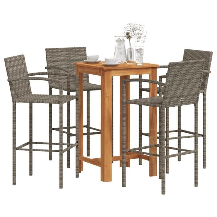 VidaXL Ensemble de bar de jardin 5 pcs gris bois massif acacia rotin, table et chaises de bar d'extérieur, ensemble de 3295277