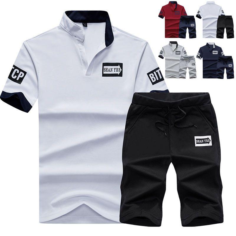 Traje de Camiseta de Cuello Redondo con Cuello Alto y Pantalones Cortos para Hombre Conjunto Cómodo y Transpirable para Estilo Casual