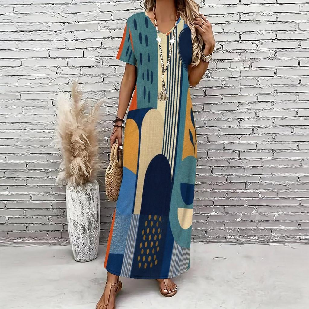 Women Plus Size V Neck Short Sleeve Plaid Printed Straight Maxi Dress