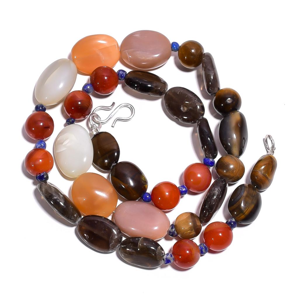 Natural Tiger Eye Carnelian Moonstone Gemstone Smooth Beads Necklace 17" UB-4320 UB-4320