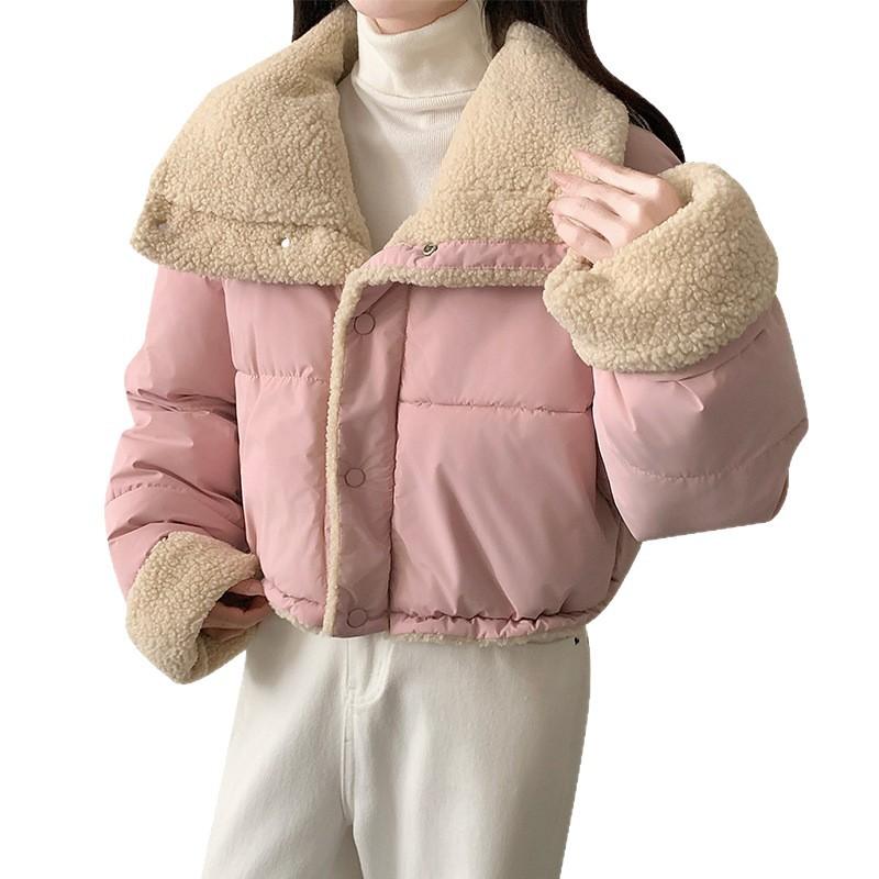 2025 cropped lapel jacket women's imitation lambswool cotton jacket loose reversible wears long-sleeved bread jacket with cotton jacket