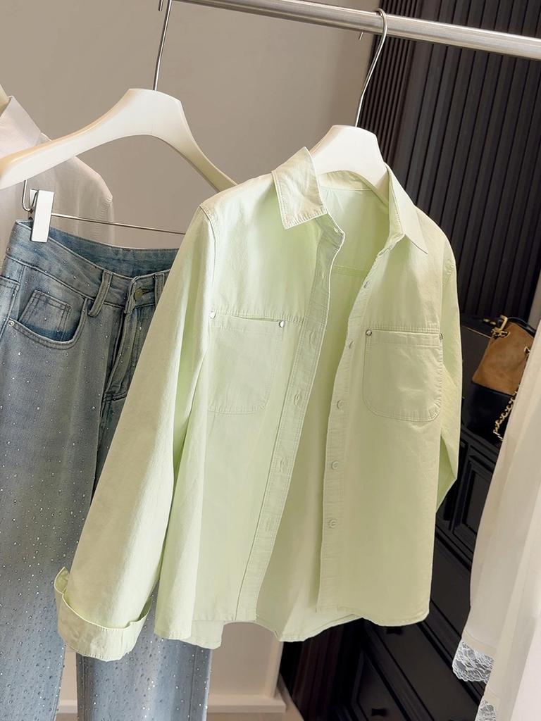 2026 Spring Women's Loose Fit Milk Yellow Cotton Long Sleeve Lapel Shirt - Versatile Commute Sun Protection Top