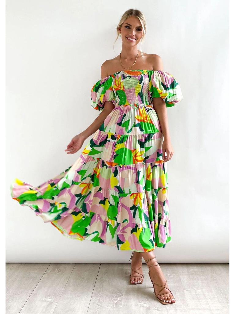 2024 Sommer Einseitiges Puffärmel Slim Langes Kleid