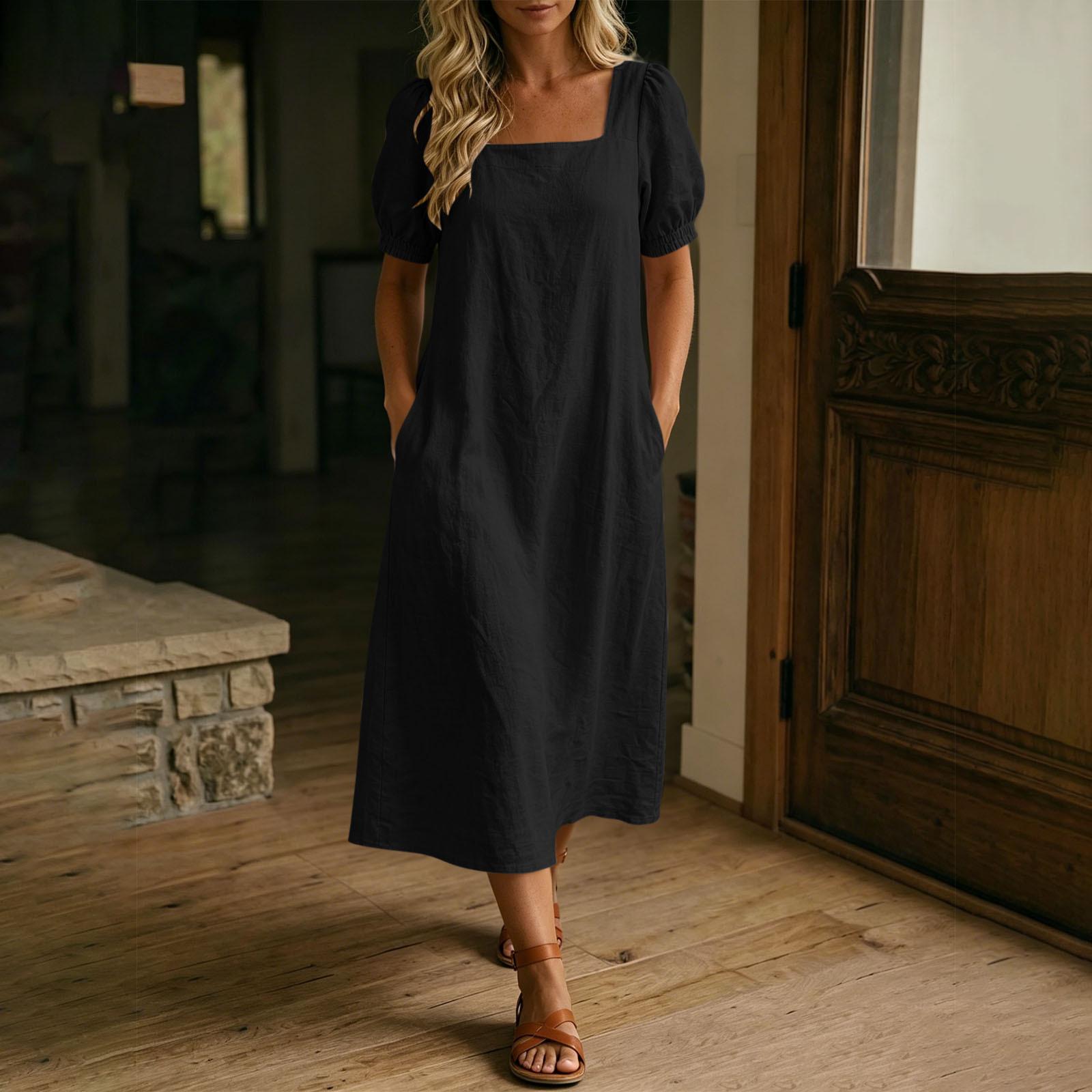 Women s Casual Square Neck Short Sleeve Cotton Linen Dress L чёрный