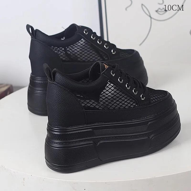 10CM 12CM Air Mesh Leather Breathable Pumps Summer Fashion Chunky Sneaker Heels Sandals Platform Wedge Hollow Shoes