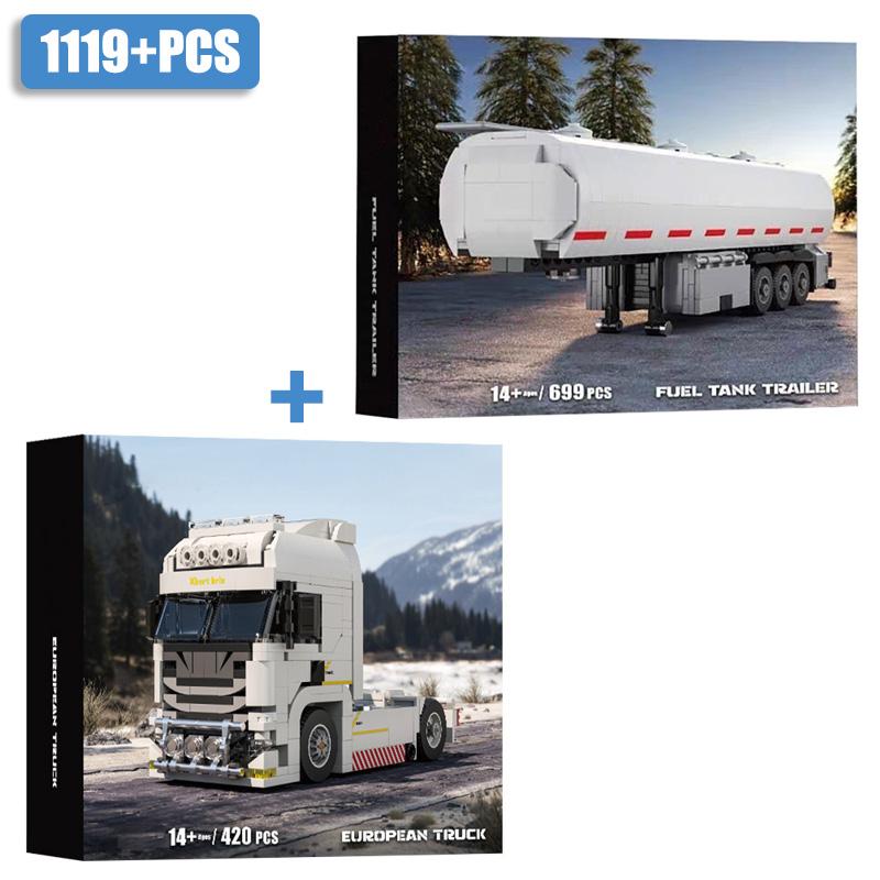 Techniczny MOC Europejska Ciężarówka Naczepa Zbiornik Paliwa Zestaw Klocków Budowlanych DIY Miejski Model Ciężarówki Inżynieryjnej Zestawy Zabawek Dla Dzieci Prezenty