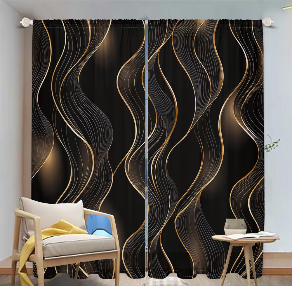 2Pcs Modern Art Curtains 3D Black Gold Streamline Pattern Living Room Bedroom Balcony Sunshade Fashion Decor Curtains