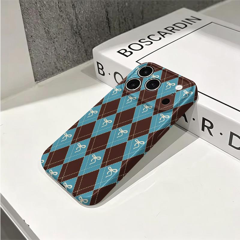 Cozy Brown Teal Argyle Bow Pattern Art Graphic Film Aesthetic Protective Shockproof Bumper Phone Case Cover For iPhone 14 15 16 Pro Max Plus