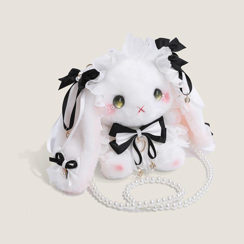 Macaron Lolita Plush Rabbit Crossbody Bag With Pearl Bow For Casual Travel