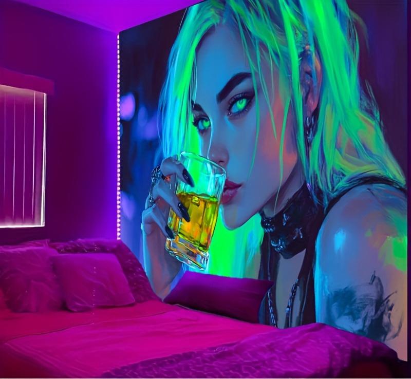 Glittering Green Haired Goddess Fluorescent Tapestry Shine BrightUV Tapestry Wall Hanging Bedroom Home Party Decoration