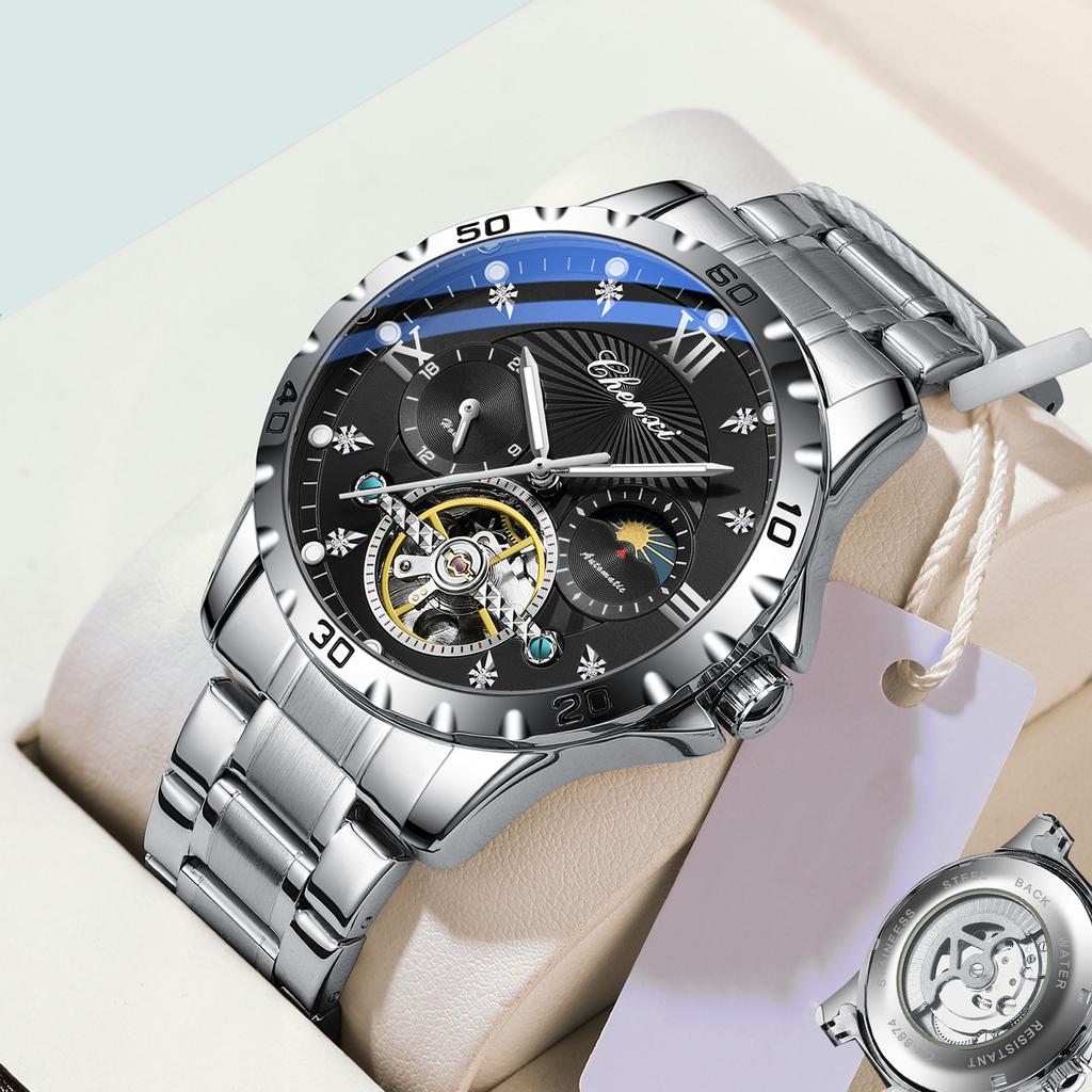 Men' s Watches Fashion Automatic Self- winding Mechanical Watch for Man Sapphire Mirror Moon Phase