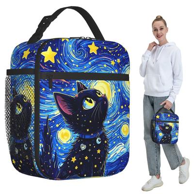 The Black Cat Looks At The Starry Sky Insulated Lunch Bag for Women Cooler Thermal Food Box Tote Leakproof Lunch Boxes Container