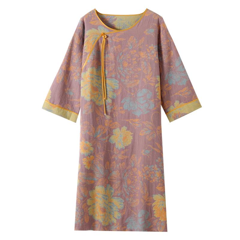 Retro Chinese-Style Cotton Gauze Nightdress - Women's Nine-Sleeve Mid-Length Spring/Autumn Homewear